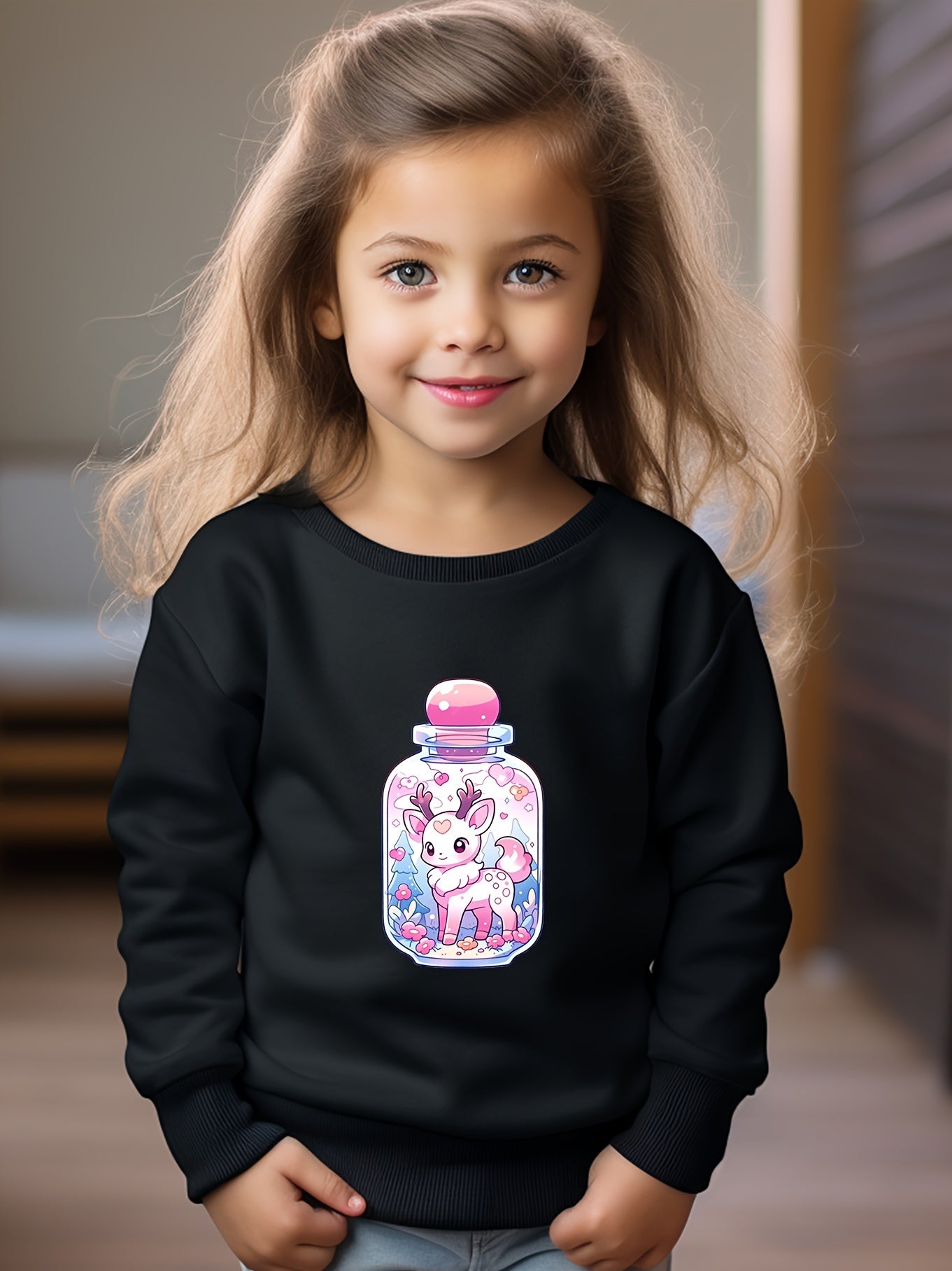 Girls Deer Pattern Crew Neck Sweatshirt For Spring Fall