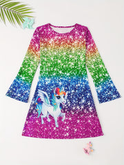 Sequin Print Unicorn Graphic Long Sleeve Dress Girls Dreamy Dresses