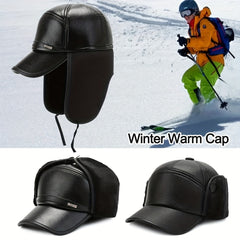 Men's Leather Baseball Cap With Earflaps Winter Warm Hat