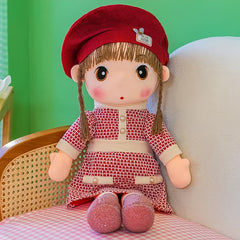 13in Plush Girl Doll with Braided Hair Red Outfit Expressive Eyes Cuddly Toy