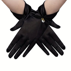 Short Satin Gloves with Faux Pearl Inlay for Bride
