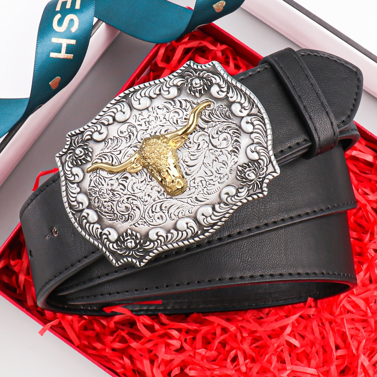 Vintage Western Cowboy Cow Head Men's Belt PU Leather