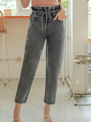 High Waist Paperbag Waist Denim Jeans Casual Drawstring Pencil Pants