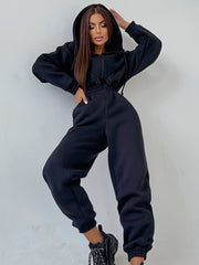 Drawstring Hooded Jumpsuit Long Slipper Zippered Pocket Sports Catsuit