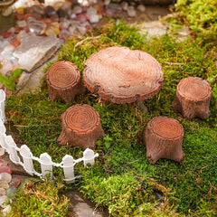 5pcs Mini Wooden Pile Table Chair Resin Ornaments Gardening Landscape Accessory