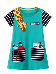 Baby Girls Striped Giraffe Embroidery Dress for Summer