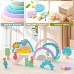 Wooden Building Blocks 46pcs Rainbow Monster Tree House Mountain Landscape Toy