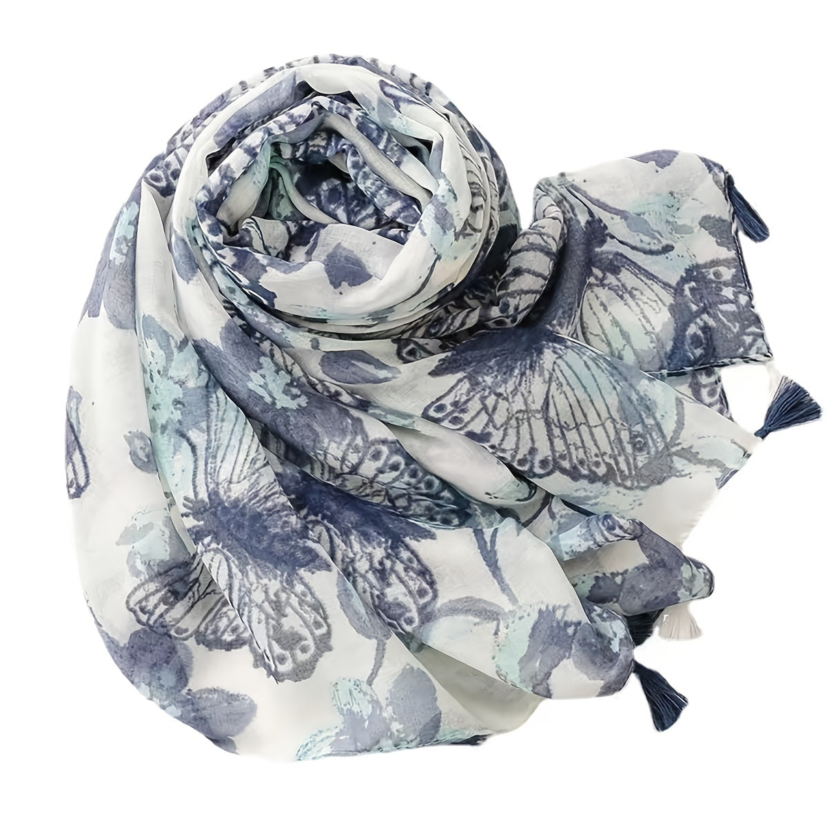 Ink Butterfly Print Grey Scarf 31 50' 70 87' Tassel Shawl Women Head Wrap