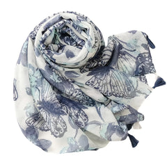 Ink Butterfly Print Grey Scarf 31 50' 70 87' Tassel Shawl Women Head Wrap