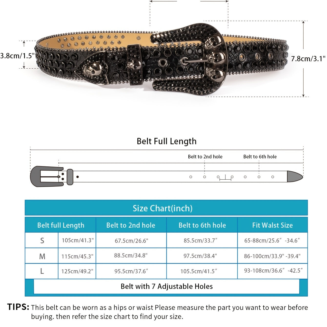 Rhinestone Men's Skull Western Belt Metal Buckle Punk Jeans Pants