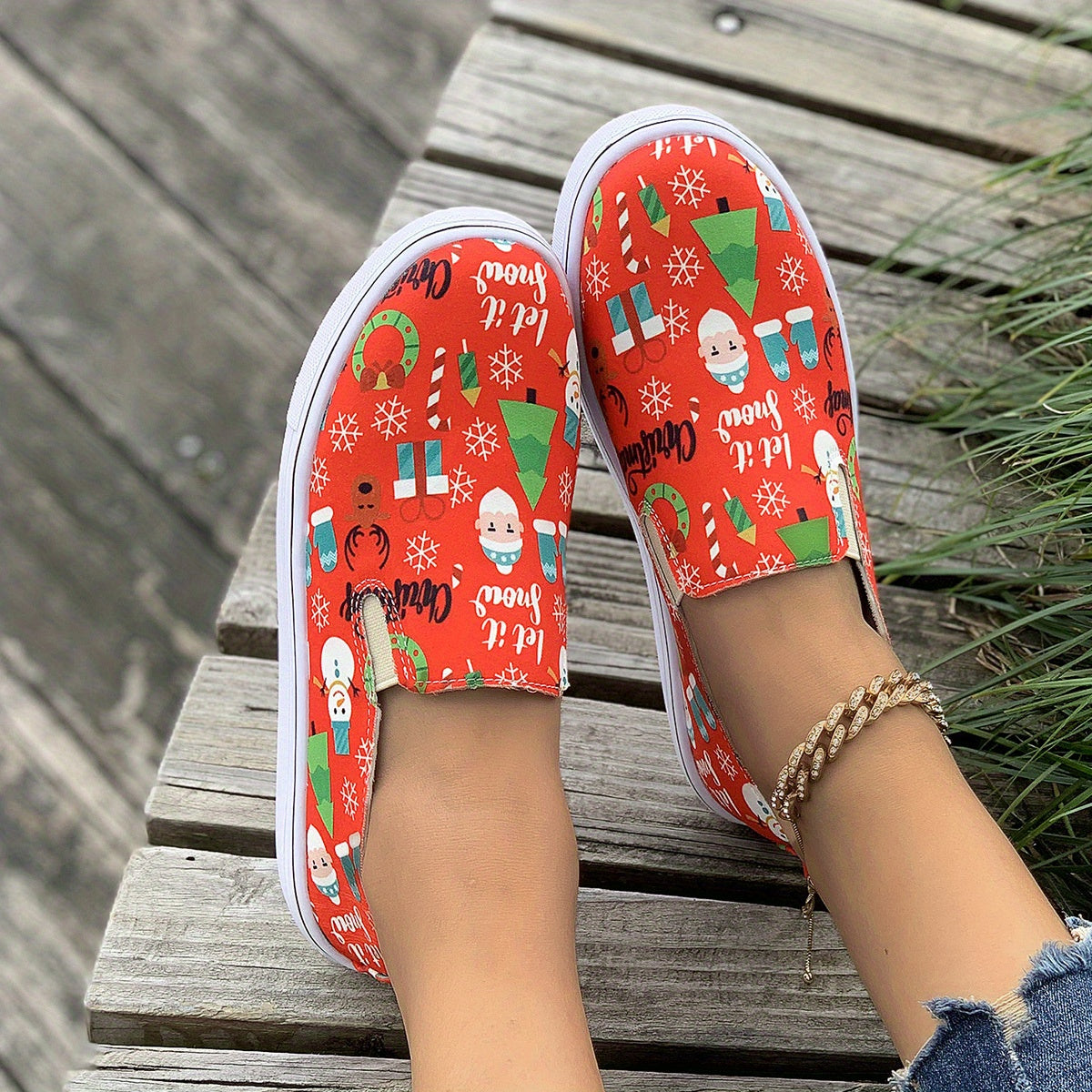 Christmas Style Slip On Canvas Sneakers Flat Loafers Shoes