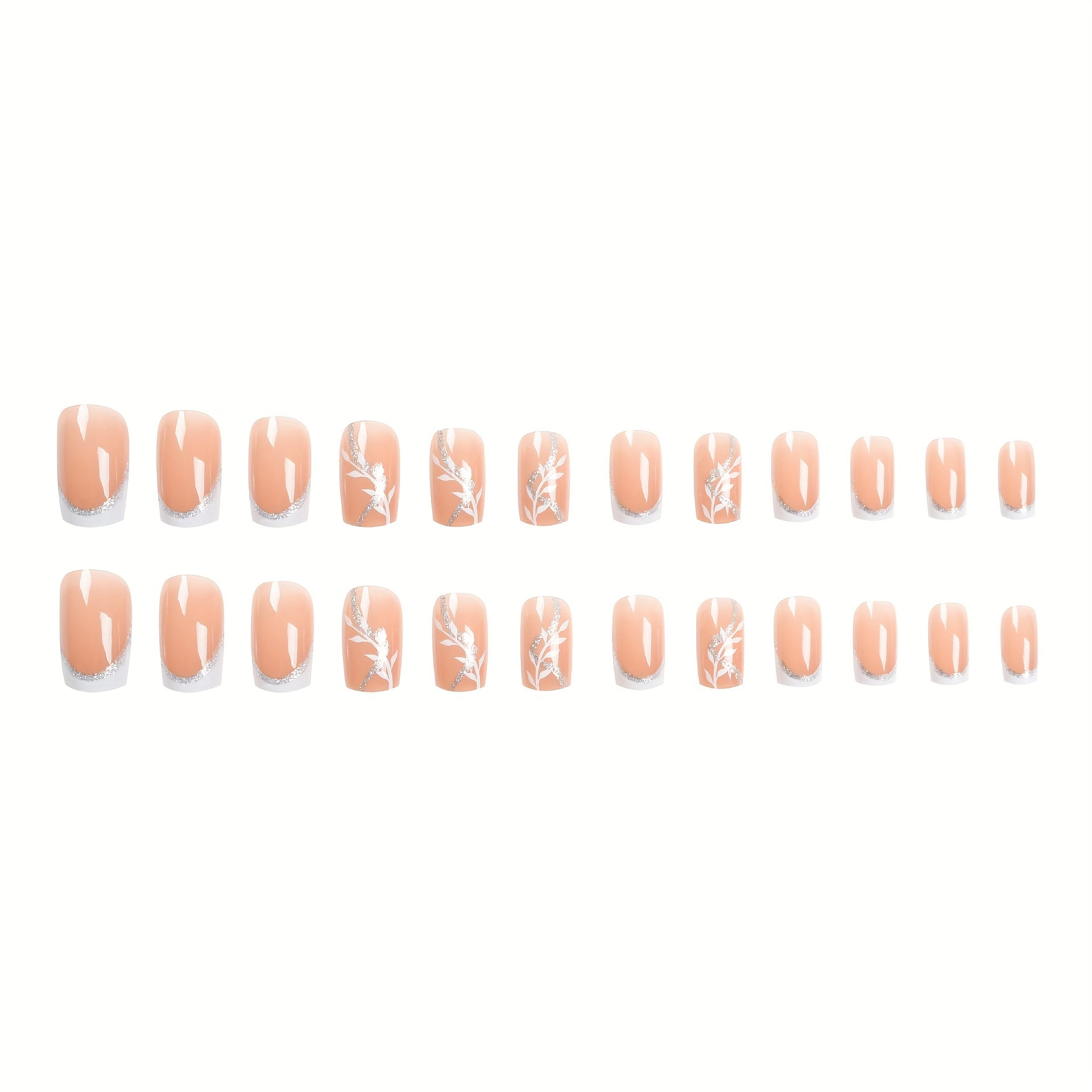 24pcs French Tip Press On Nails Leaves & Glitter Spring Summer Decor