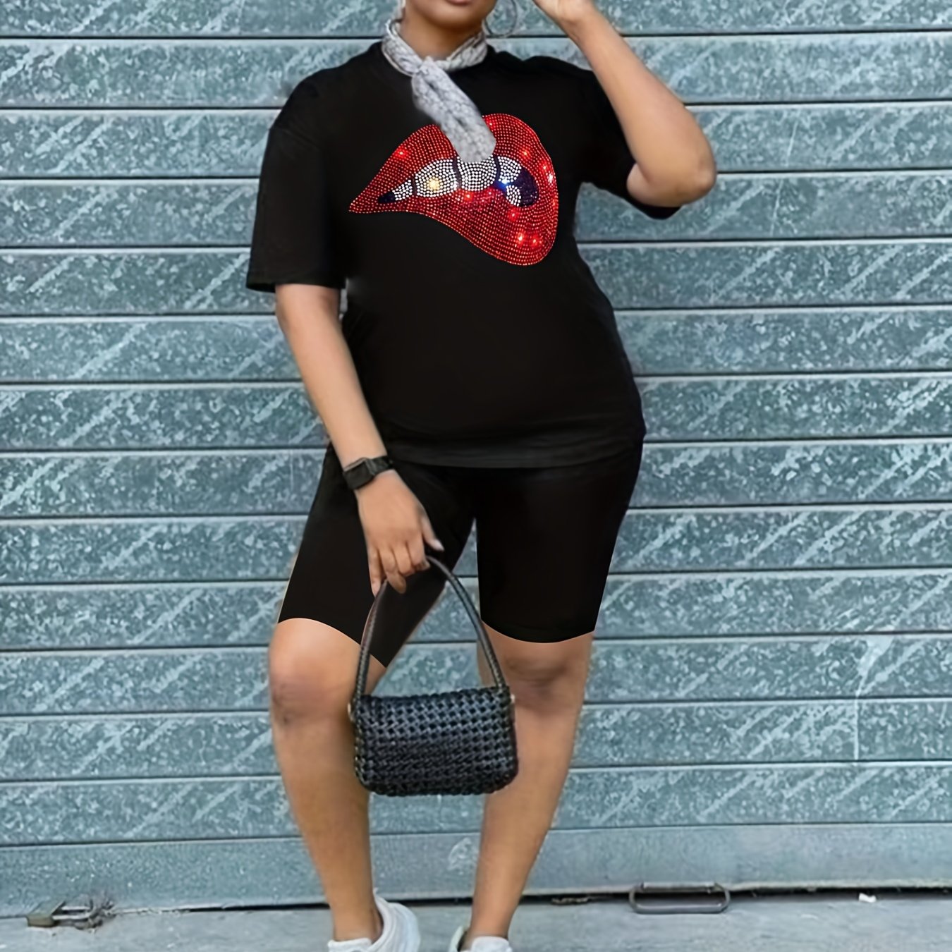 Rhinestone Lip Tee & Biker Shorts Set