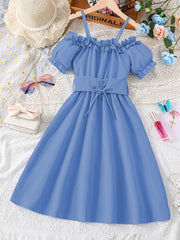 Girls Casual Solid Princess Pleated Dress Cold Shoulder Short Sleeves