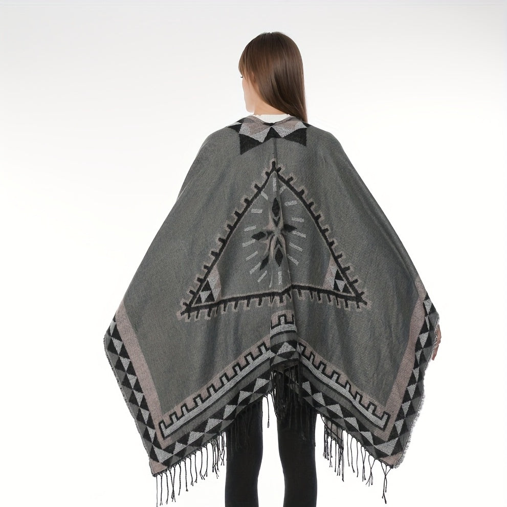 Boho Geometric Jacquard Shawl Tassel Wrap Windproof Cape