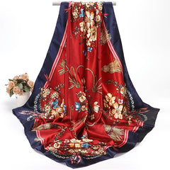 Satin Flower Print Headband Scarf Vintage Warm Shawl for Women