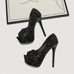 Glitter Sequins Stiletto Heels Peep Toe Pumps Sexy Platform