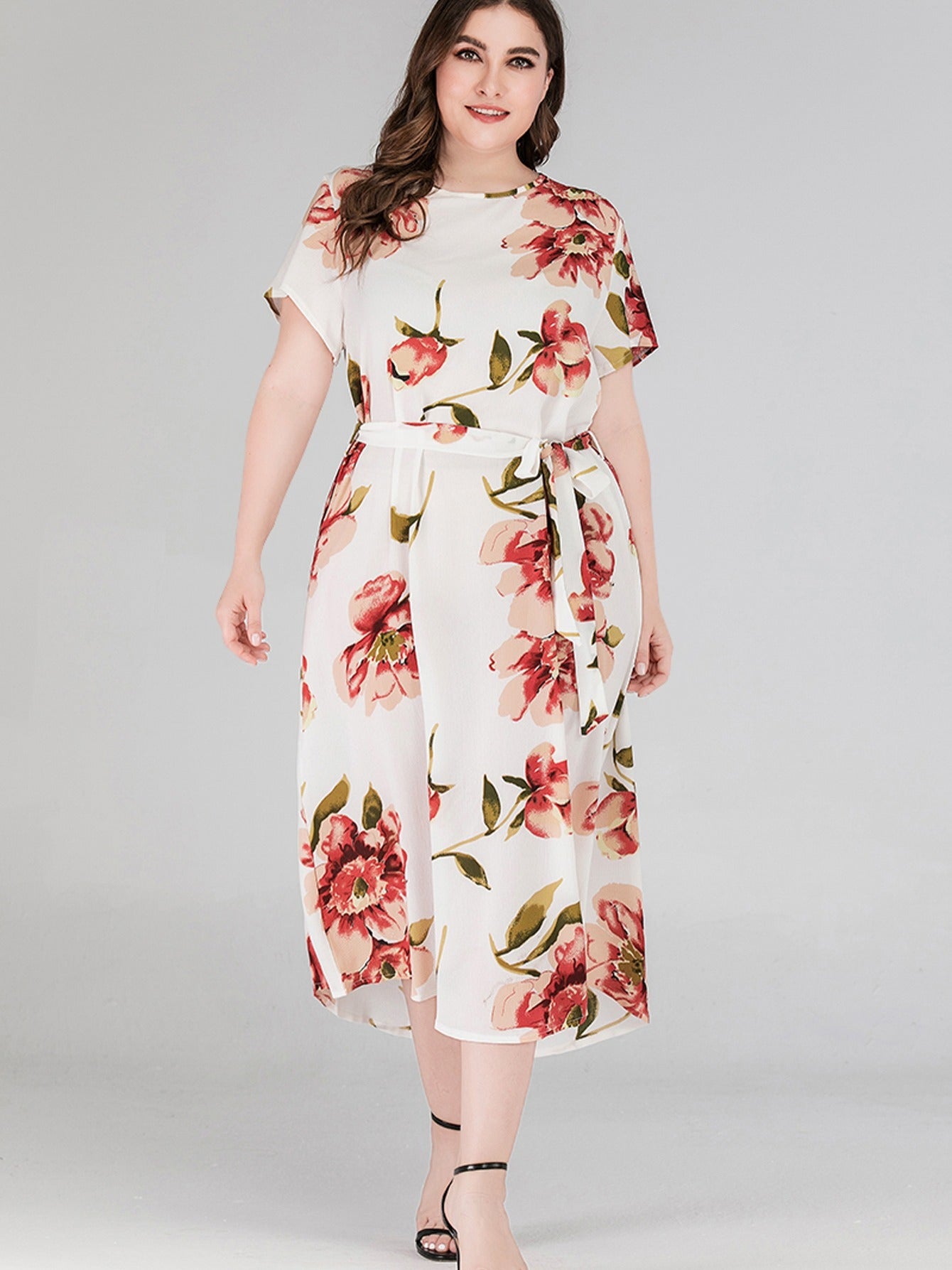 Floral Print Maxi Dress Plus Size Women's Short Sleeve Long Dress