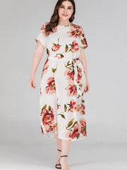 Floral Print Maxi Dress Plus Size Women's Short Sleeve Long Dress