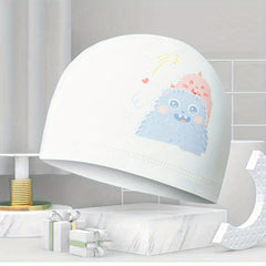 Kids PU Waterproof Swim Cap, Cartoon Pattern Ear Protection, High Elasticity