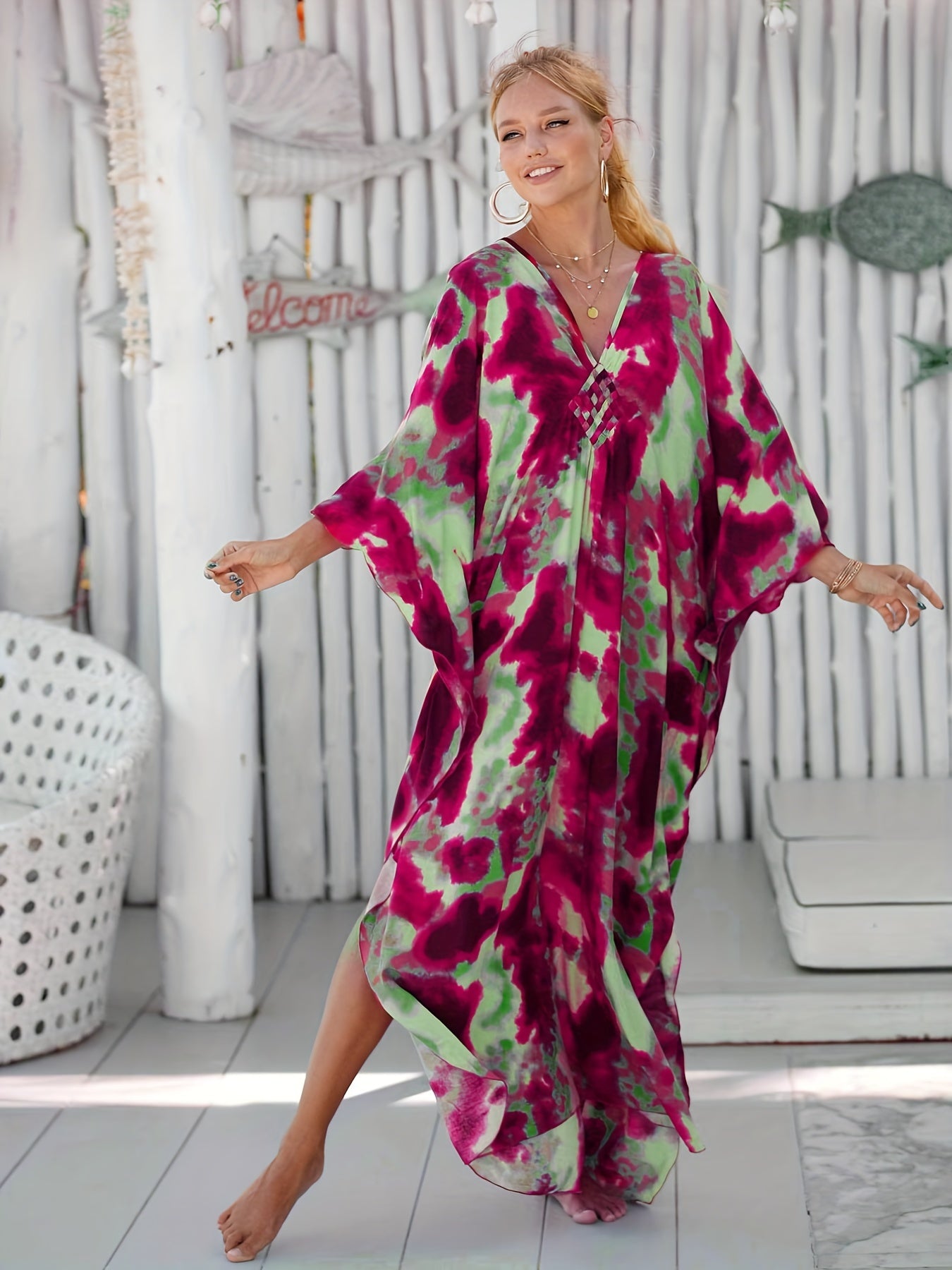 Boho Abaya Dress Women's Plus Tie Dye Batwing Sleeve V Neck Split Maxi
