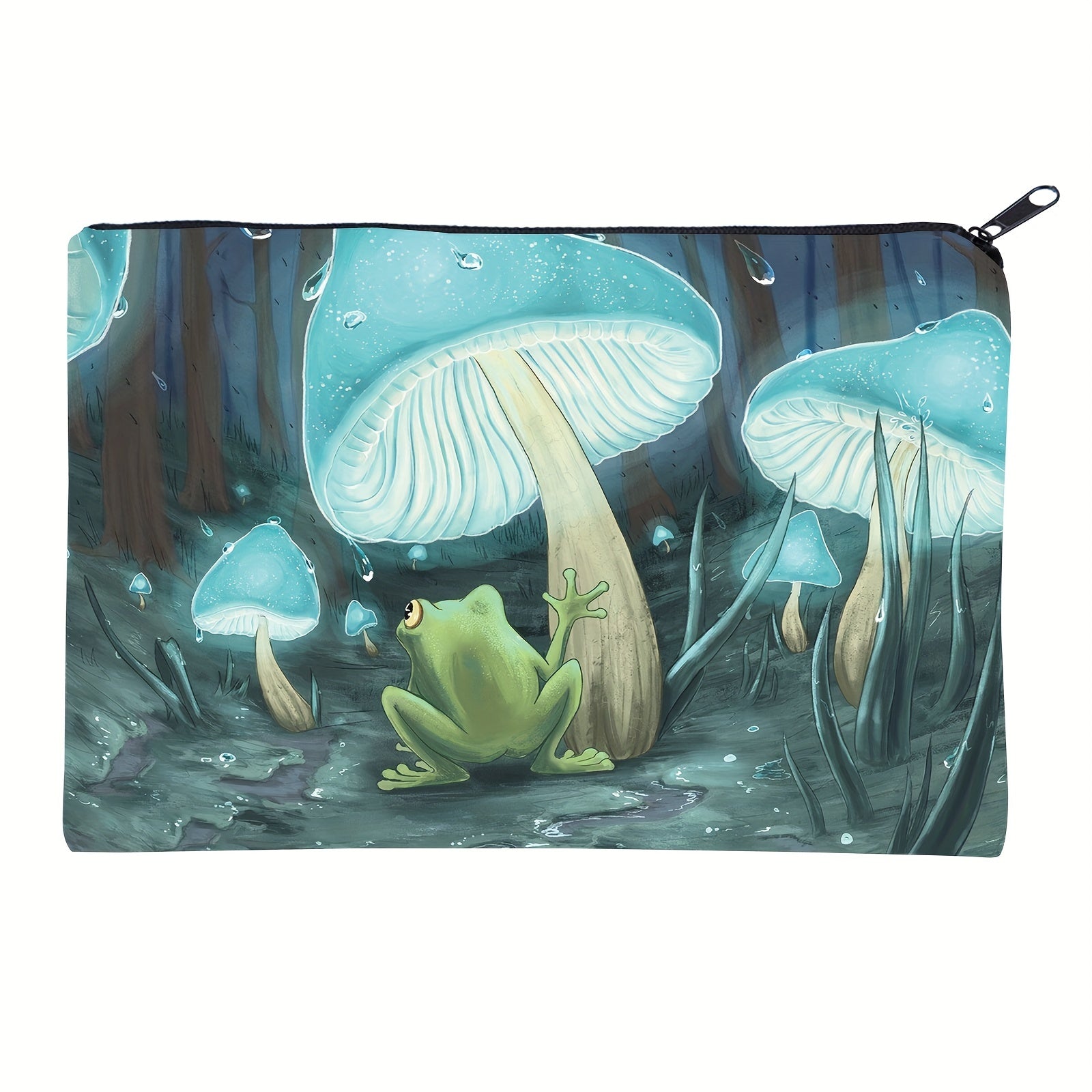 Frog Mushroom Rain Print Cosmetic Bag Zipper Travel Toiletry Bag
