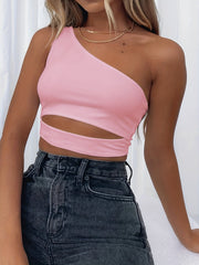 One Shoulder Sleeveless Crop Top Casual Women's Clothing