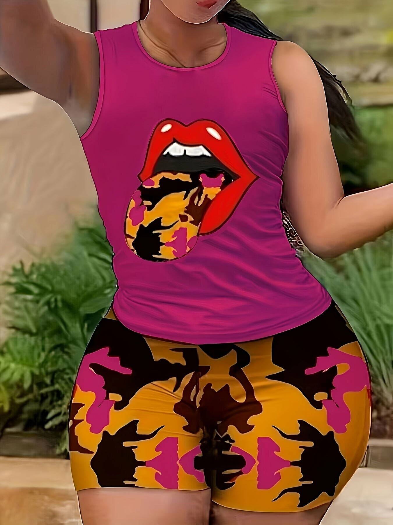 Lips Print Tank Top & Abstract Print Slim Shorts Set