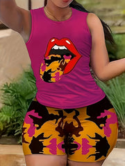 Lips Print Tank Top & Abstract Print Slim Shorts Set