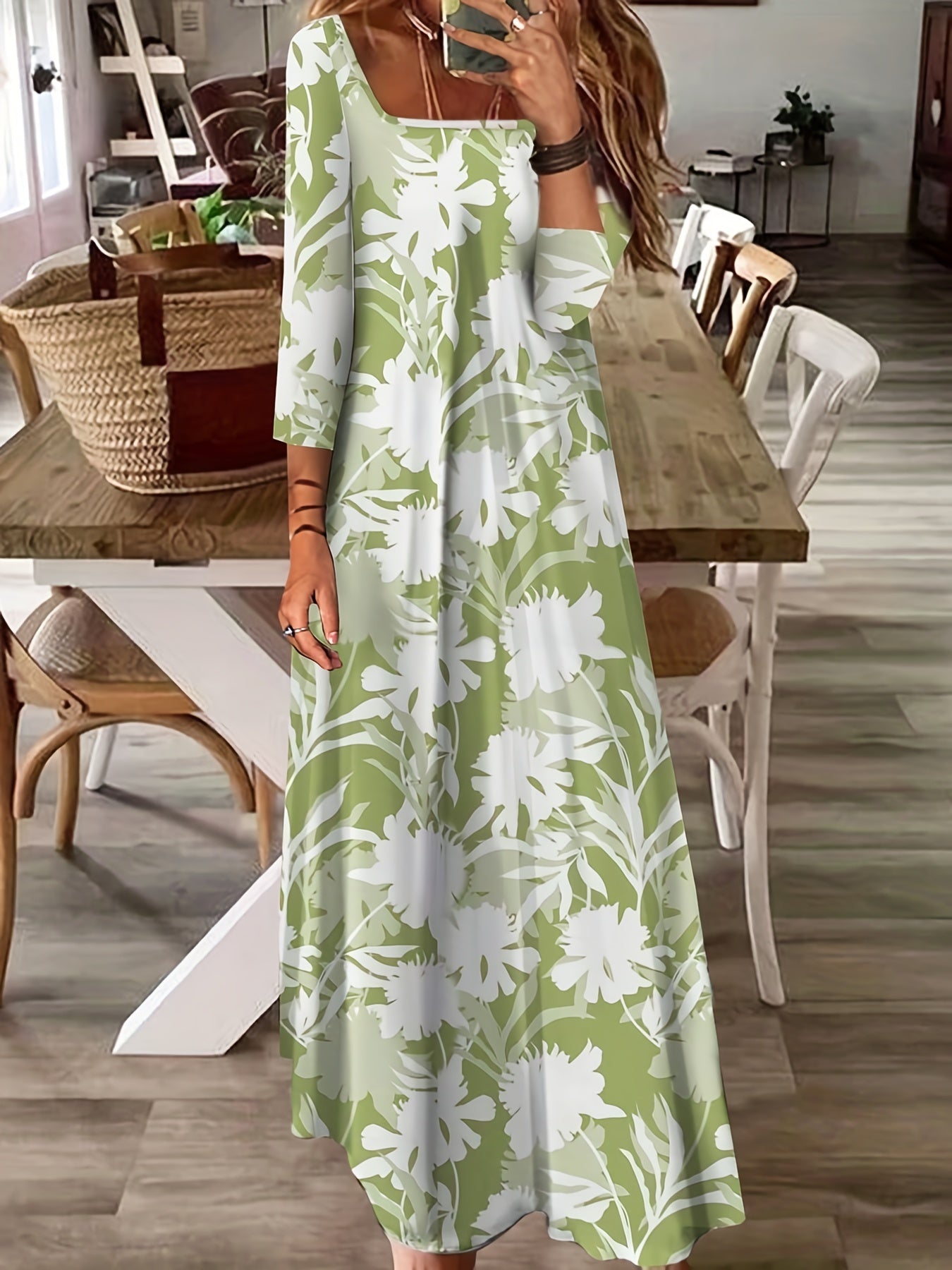 Women's Floral Maxi Dress Long Sleeve Square Neck