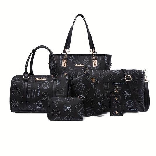 6pcs Retro Letter Print Bag Set Tote Crossbody Clutch