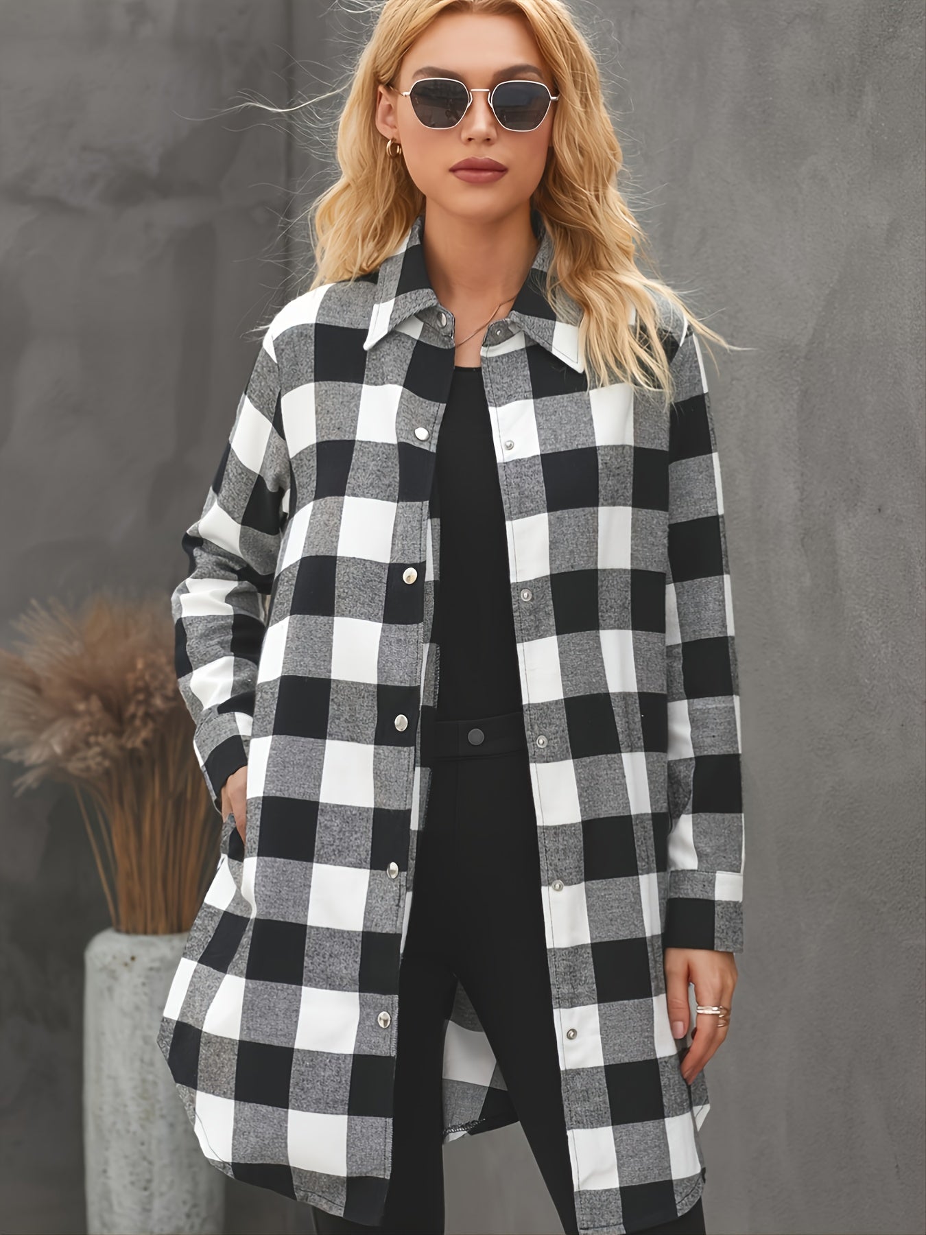 Plaid Shirt Jacket Long Sleeve Button Up Casual Shacket
