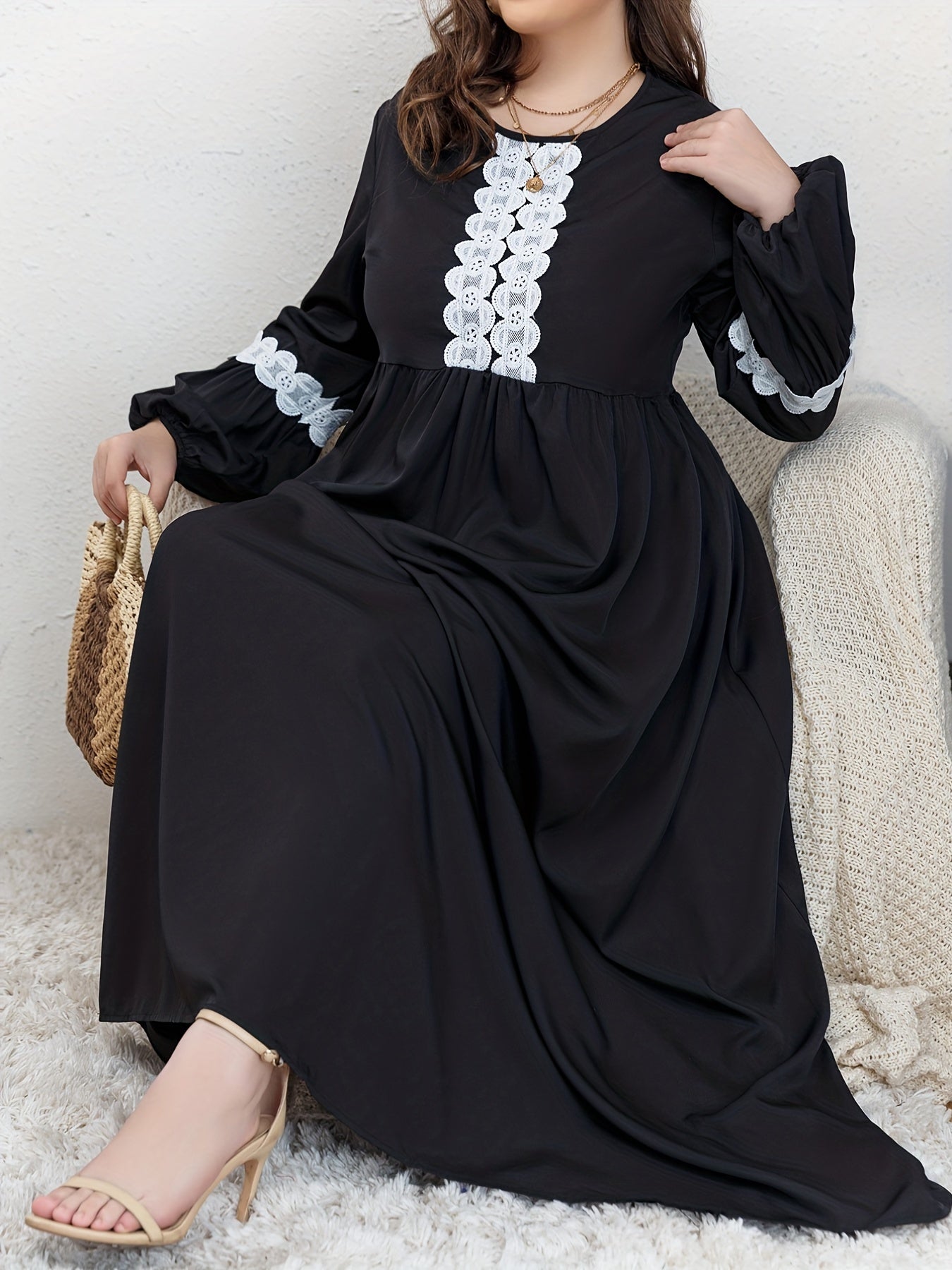 Abaya Dress Women's Plus Contrast Lace Maxi Dress