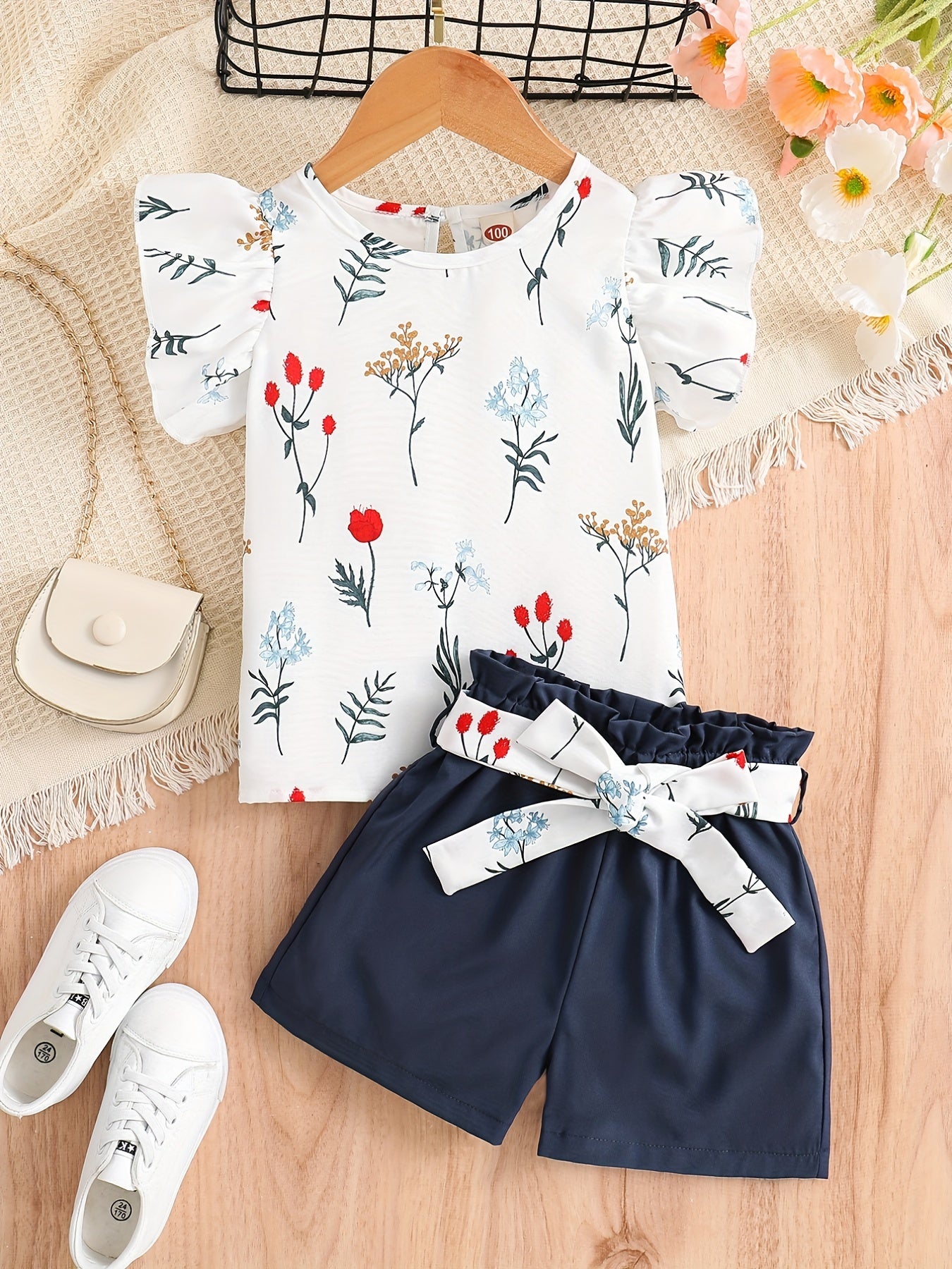 2pcs Girls Floral T-Shirt & Shorts Set Kids Summer Clothes