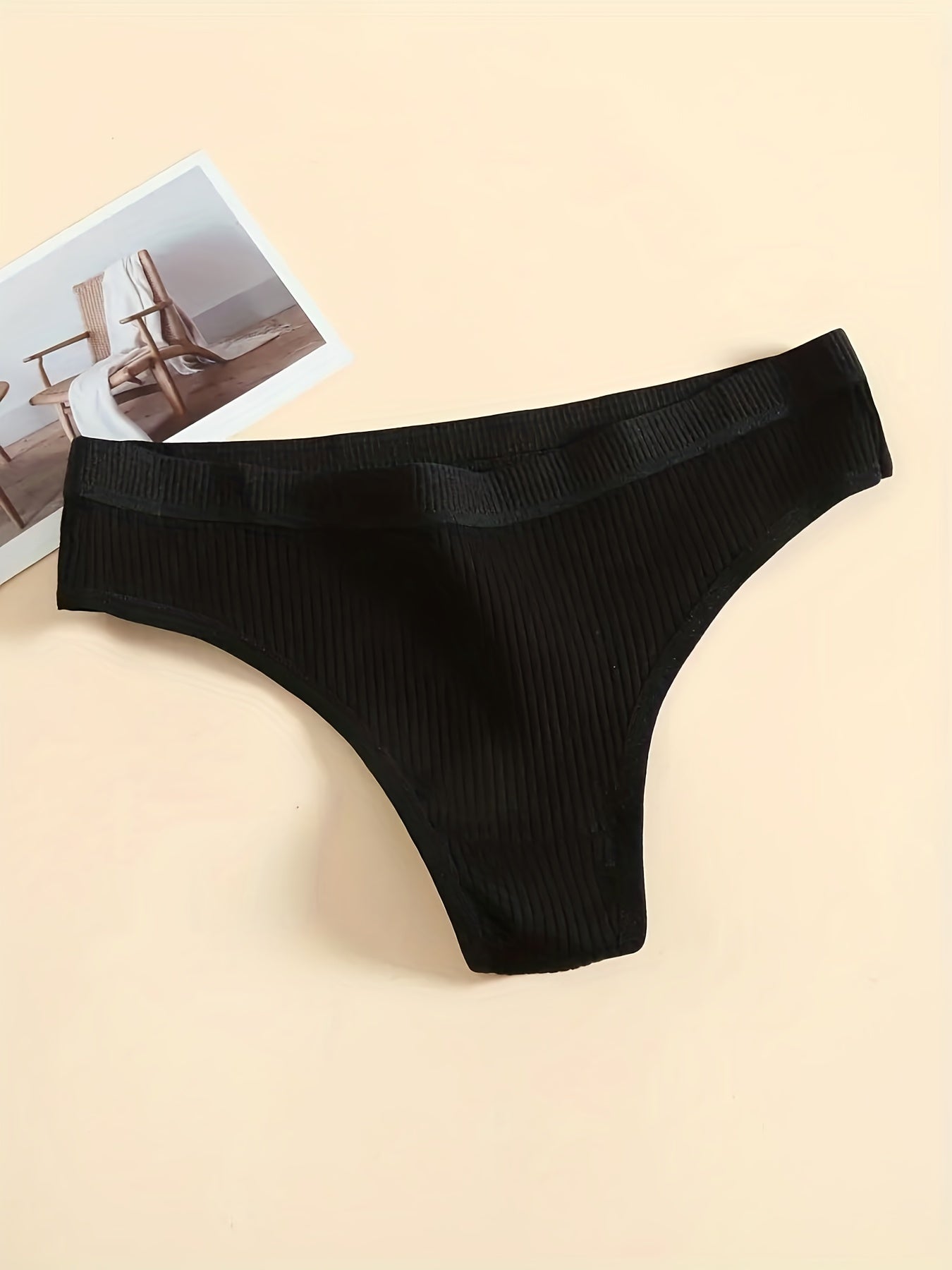5pcs Ribbed Thongs Soft Comfy Low Waist Panties Women's Lingerie & Underwear