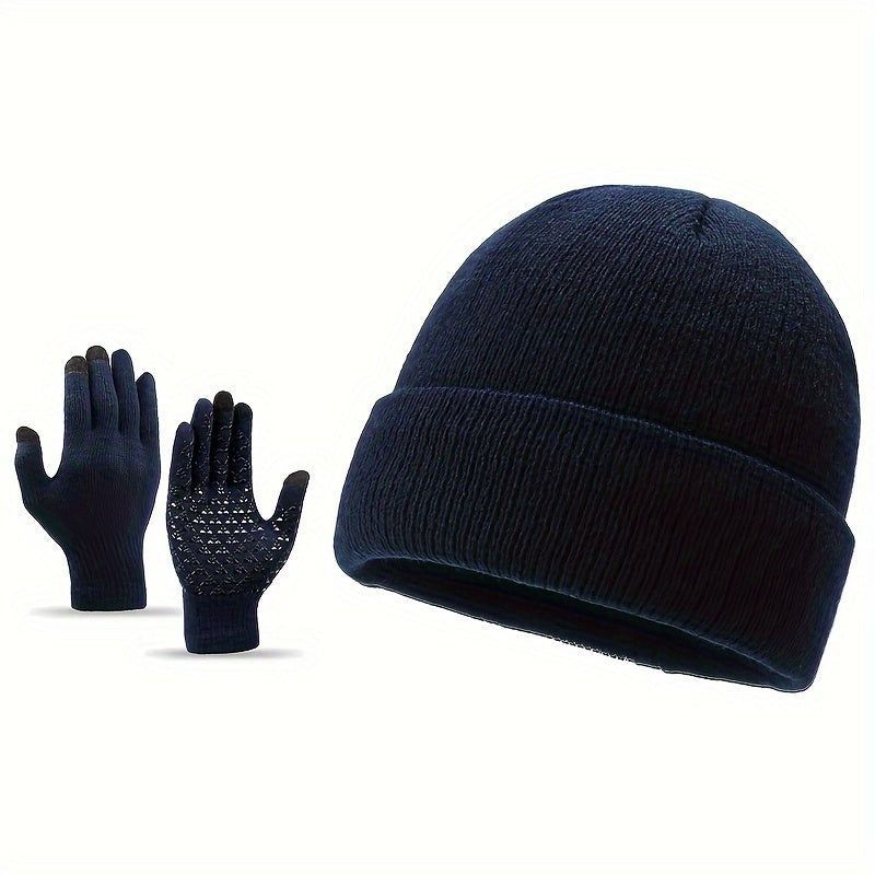 Winter Warm Hat & Gloves Set Knitted Beanie Anti Slip Gloves