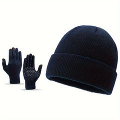 Winter Warm Hat & Gloves Set Knitted Beanie Anti Slip Gloves