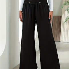 Smocked Waist Wide Leg Pants Solid Elastic Long Length