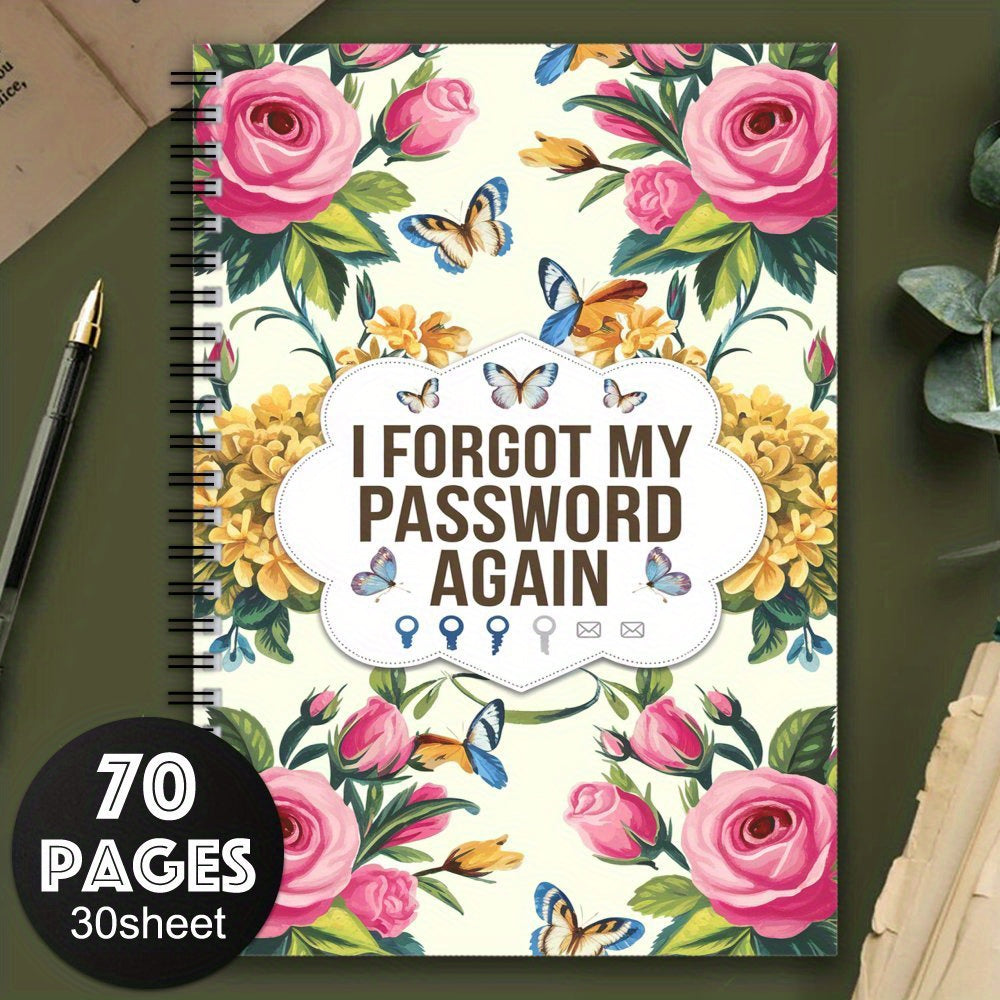 Floral Spiral Password Notebook, 70 Pages, Colorful Flowers & Butterflies