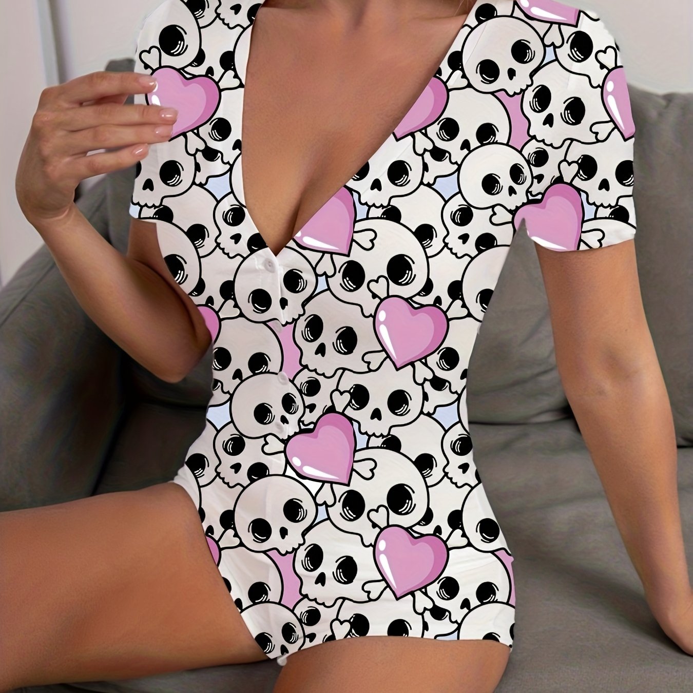 Skull Print Pajama Romper Short Sleeve V Neck Buttons Pajamas