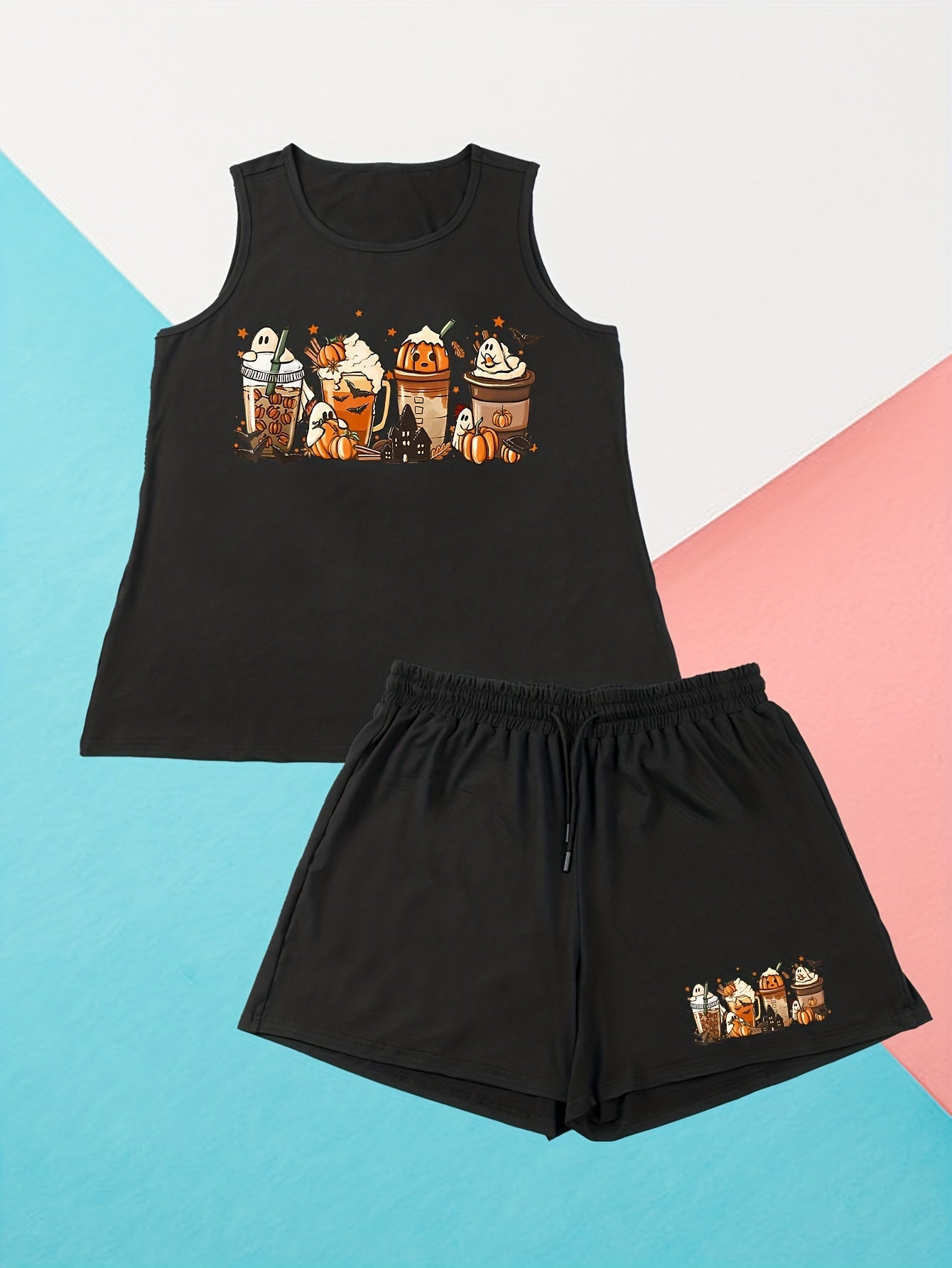 Ghost & Pumpkin Drinks Print Loungewear Set