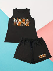 Ghost & Pumpkin Drinks Print Loungewear Set