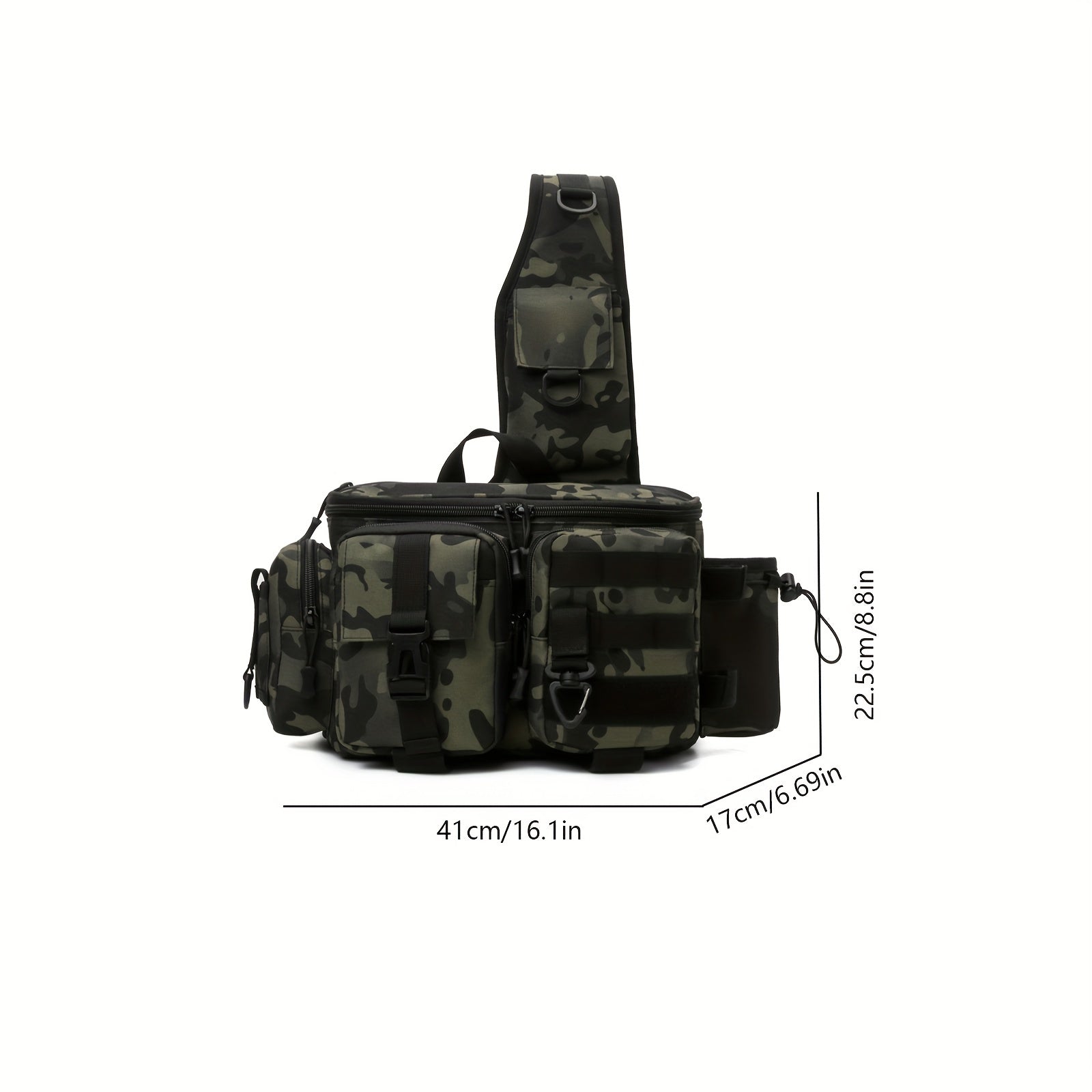 Portable Fishing Tackle Bag with Rod Holder 600D Nylon Sling Pack
