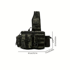 Portable Fishing Tackle Bag with Rod Holder 600D Nylon Sling Pack