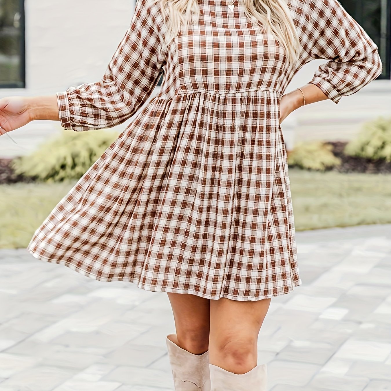 Plus Gingham Print Long Sleeve Round Neck Mini Dress