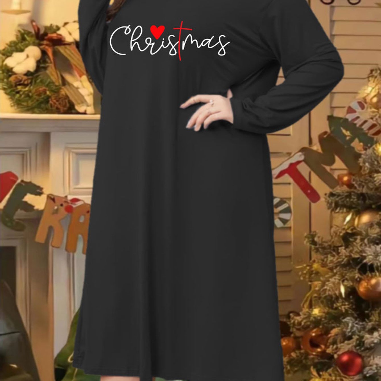Christmas Lounge Dress Women's Plus Slogan Print Long Sleeve Tee