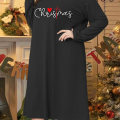 Christmas Lounge Dress Women's Plus Slogan Print Long Sleeve Tee