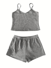 2pcs Summer Sports Suits Cami V neck Top & Casual Shorts Women's Activewear