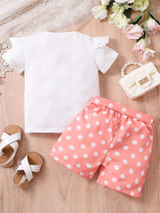 2pcs Toddler Girls Bow Figure Ruffle Trim T Shirt & Polka Dot Belted Shorts Set