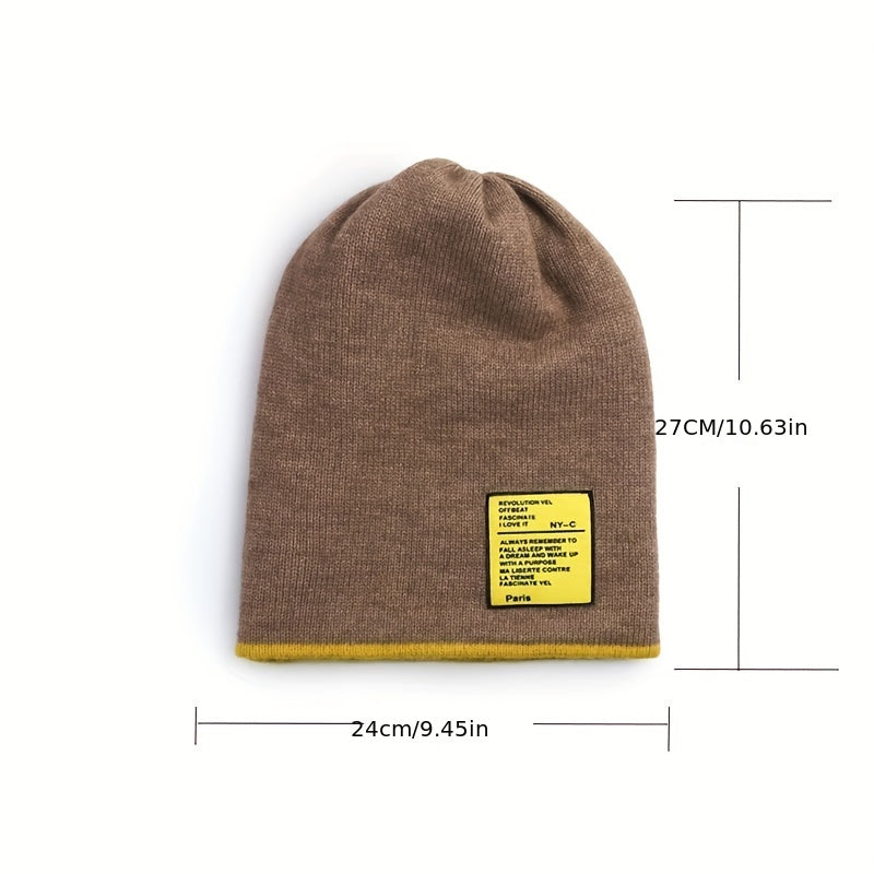 Stylish Label Patch Beanie Warm Skull Cap Elastic Block Knit Hat Soft